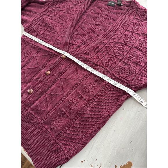 Vtg Structure Burgundy Cable Knit Fisherman Leather Buttons Cardigan Sz L 90s - Picture 7 of 10